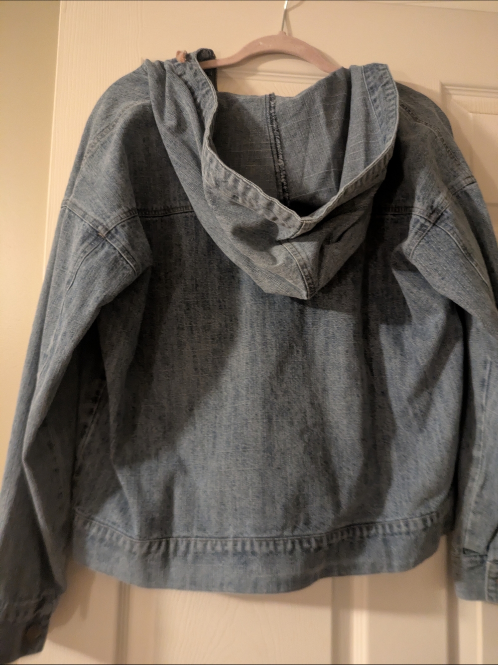 Pink Lily Light Blue Denim Hoodie Jacket with Pink Plaid Accents - Picture 3 of 4